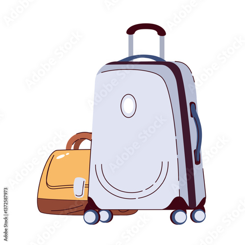 Suitcase and bag, luggage for journey. Valise and handbag of tourists with handles to carry. Baggage, equipment mascot, closed suitcase on wheels cartoon vector illustration