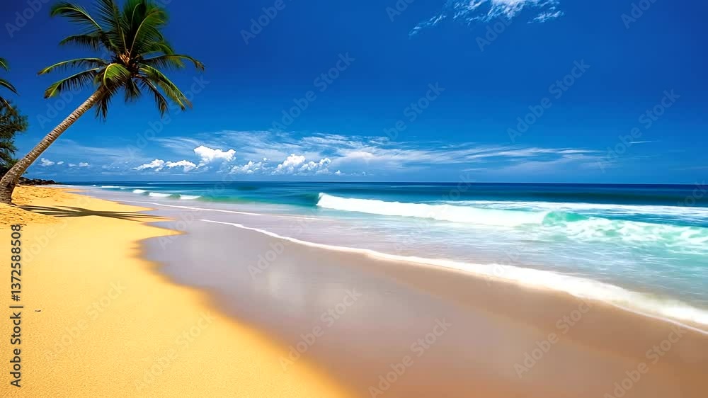 A serene tropical beach with golden sand, gentle waves and palm trees under a bright blue sky, perfect for relaxing. A serene tropical beach with golden sand, gentle waves and palm trees under a bright blue sky, perfect for relaxing.