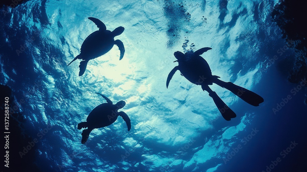 Fototapeta premium Underwater Sea Turtles Silhouette, Scuba Diving, Ocean Depths, Sunbeams
