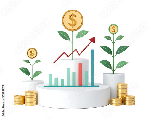 Financial Growth and Investment Concept – Stacked Gold Coins with Arrow and Green Plants Isolated on White