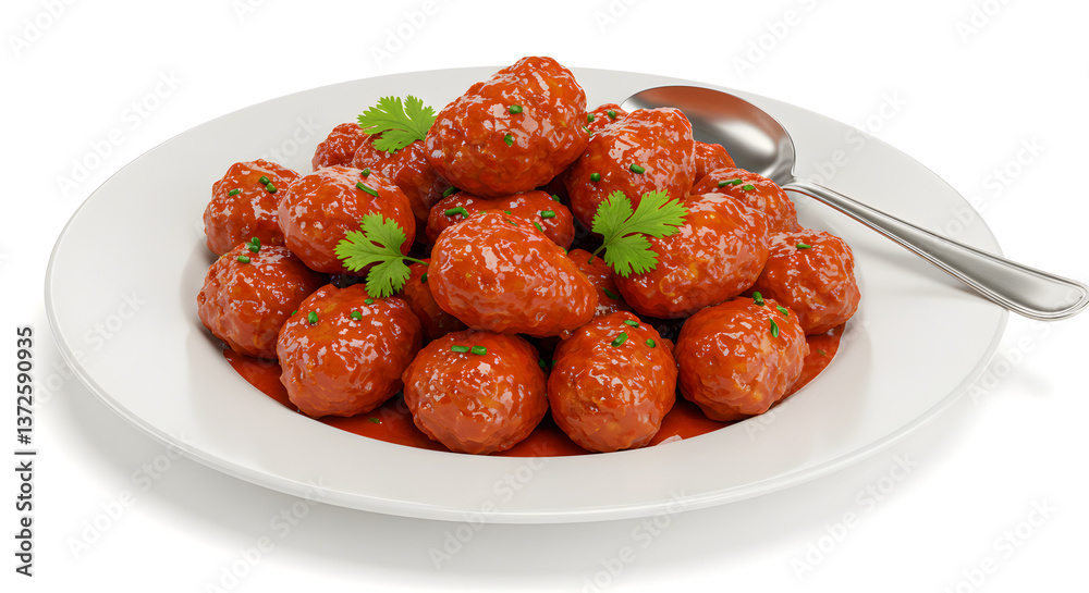 Meatballs in Tomato Sauce with Cilantro on White Plate Meatballs in Tomato Sauce with Cilantro on White Plate