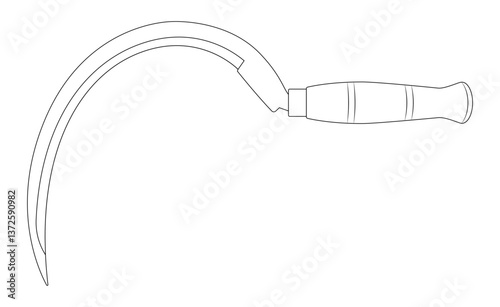 Sickle. Garden tool. Vector illustration isolated on white. Black line. Coloring page.