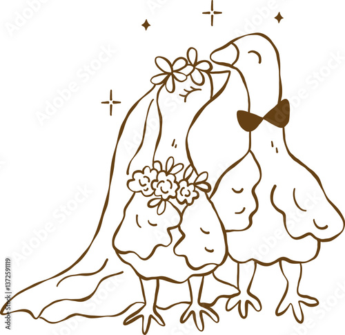 Hand drawn wedding  cute silly goose outline illustration coloring