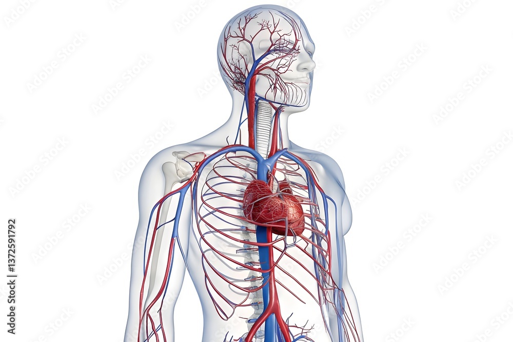 Obraz premium a 3D medical illustration of the human circulatory system, showing the arteries in red and the veins in blue, superimposed on a simplified skeletal outline