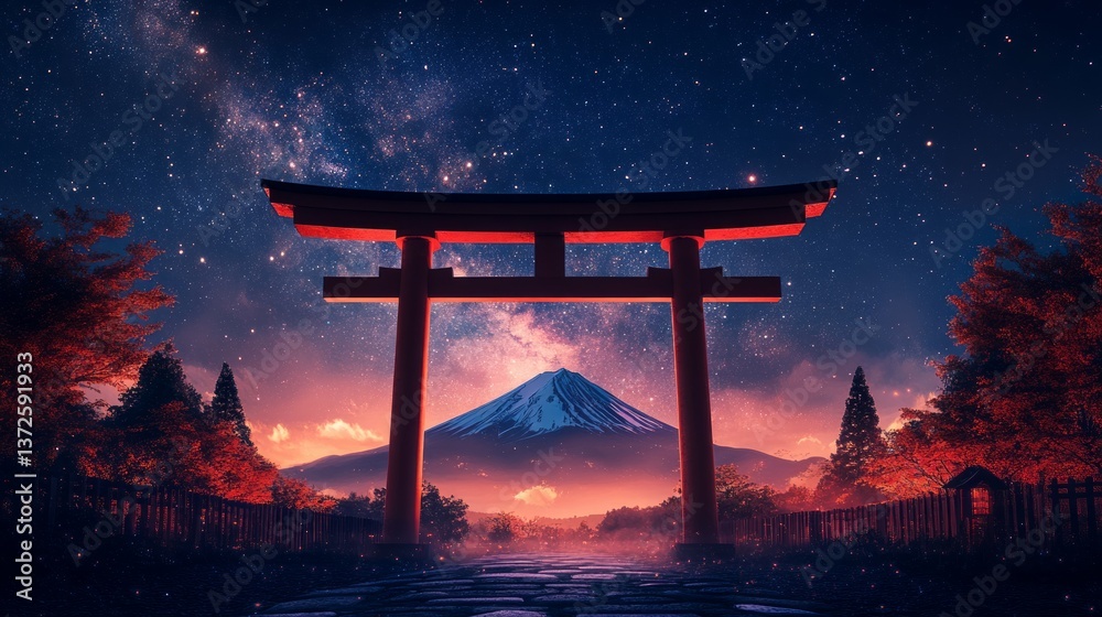 Fototapeta premium Mystical Mount Fuji Behind The Torii Gate Under A Starry Sky. Peaceful Japan Landscape.