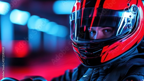 A close-up of a go-kart driver focused expression through the helmet visor as they accelerate on a winding track.