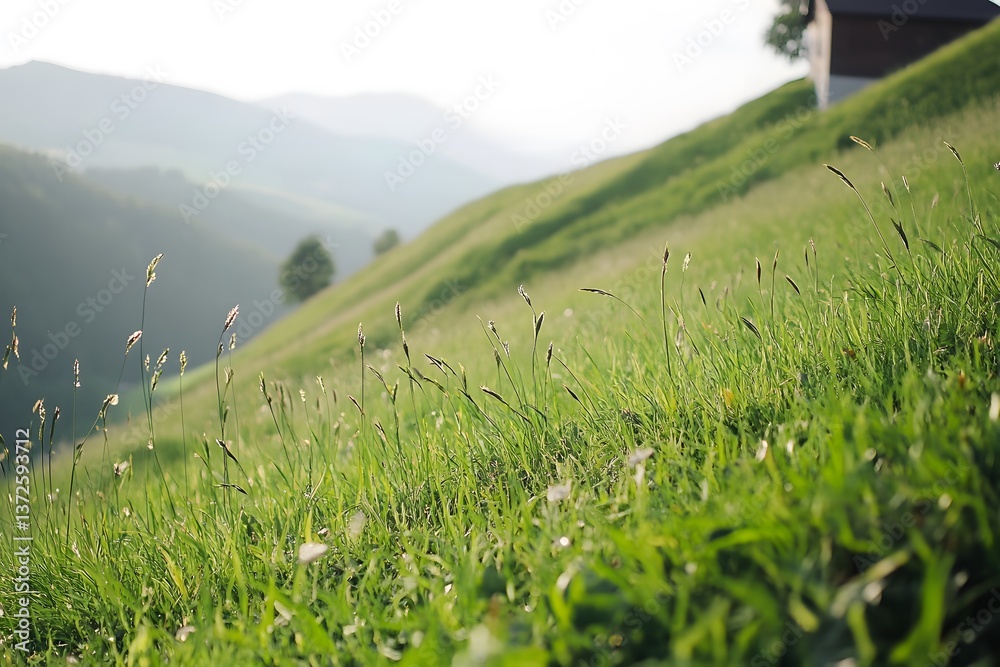 Fototapeta premium Verdant hillside with tall grass leads to mountains in soft sunlight