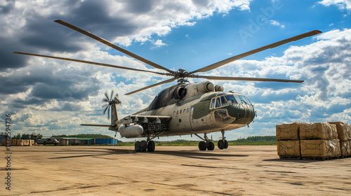 Helicopter transport operation military base aerial vehicle clear sky ground level logistics and strategy photo