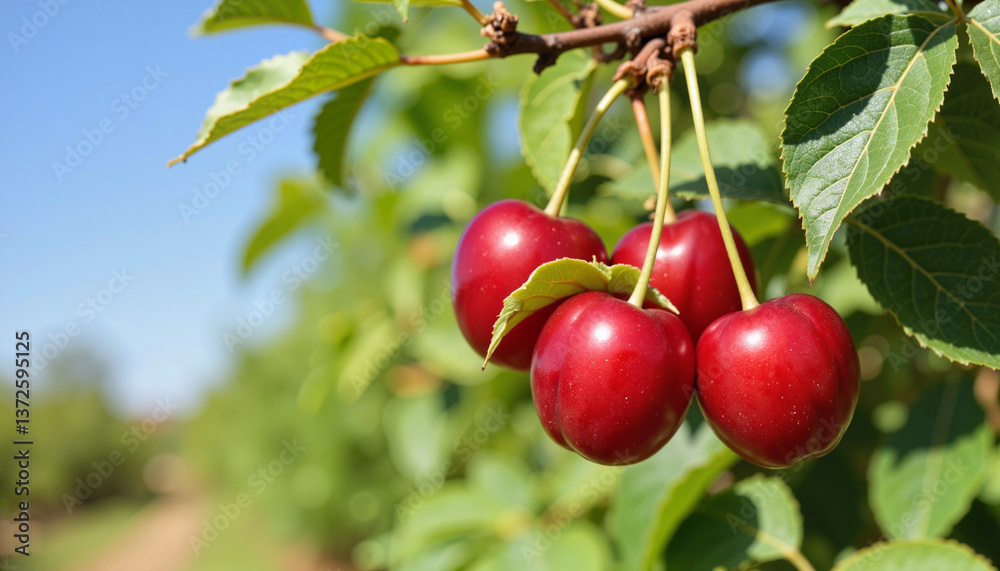 Ripe red cherries hanging on a tree branch against blue sky Ripe red cherries hanging on a tree branch against blue sky