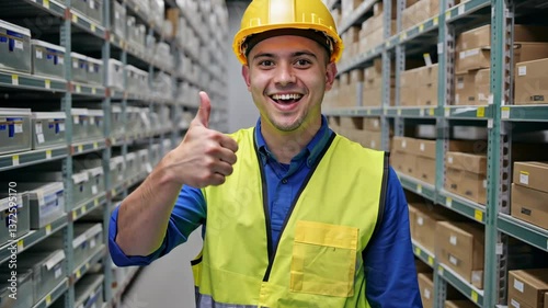 Logistics center employee wears yellow hard hat and safety vest, showing thumb up. Organized warehouse environment reflects efficient inventory management and ensuring smooth supply chain.
