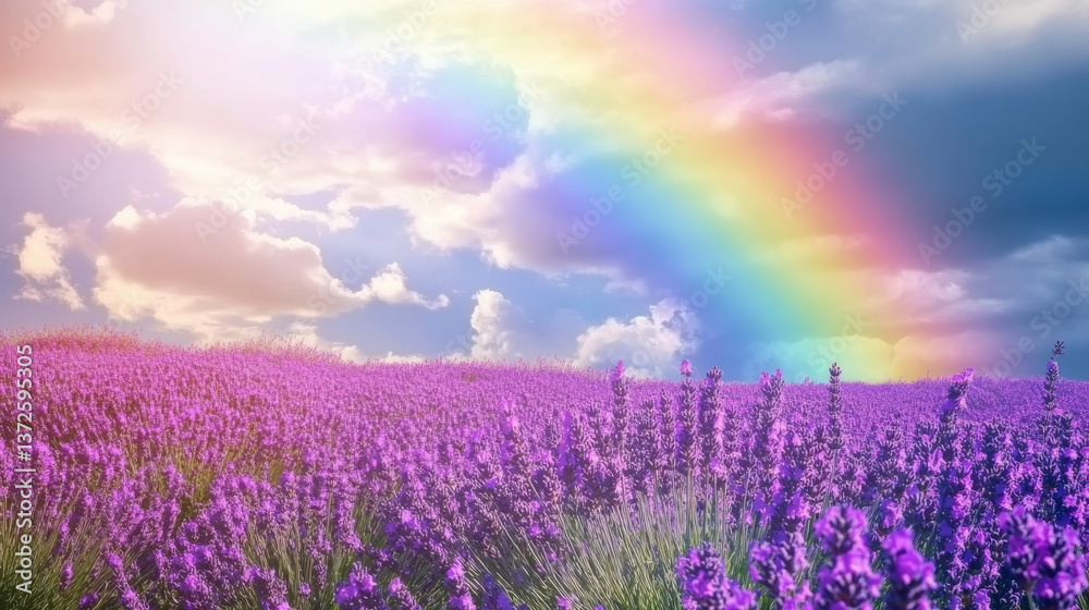 Fototapeta premium Lavender fields blooming under a rainbow in provence france – nature photography colorful landscape scenic view