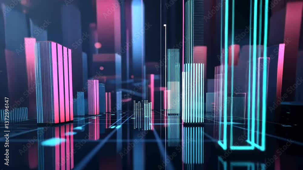 Abstract digital cityscape with colorful crosses and light reflections, creating a futuristic atmosphere Abstract digital cityscape with colorful crosses and light reflections, creating a futuristic atmosphere
