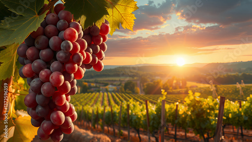 Close up of a branch of ripe red grapes.Stock footage for wine commercial. Grapes vineyard sunset. Organic bio food. Wine handmade concept.Generative AI