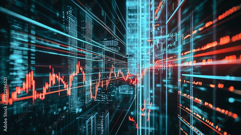 Fototapeta premium Dynamic data visualization with colorful graphs and futuristic cityscapes.