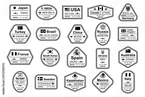 Travel Visa Stamps. International and immigration office stamps. Arrival and departure visa stamps