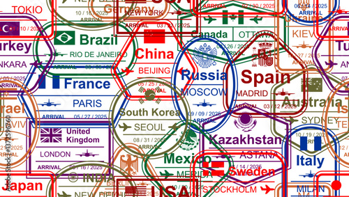 Seamless pattern with passport visa stamps. International and immigration office stamps. Arrival and departure visa stamps