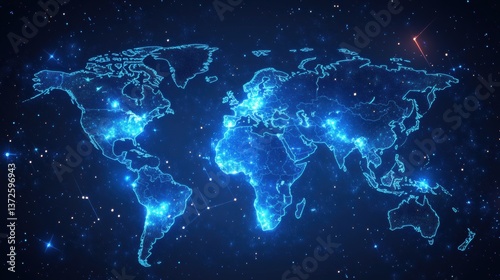 Glowing World Map on Dark Blue Starry Background Depicting Global Connectivity and Digital Communication Network with a Futuristic Style