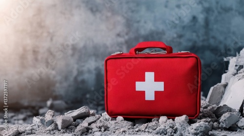A red first aid kit sits on the rubble of a collapsed building, representing emergency care in urban disaster scenarios.