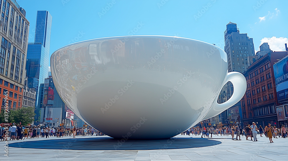 giant cup of espresso the size of the skyscraper in Times Square, the concept of coffee addiction, advertising of invigorating drinks