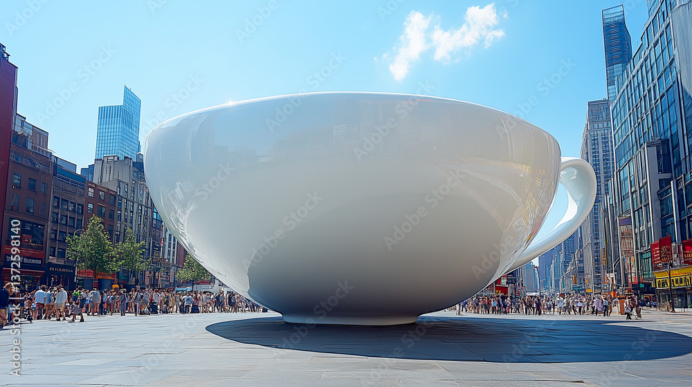 giant cup of espresso the size of the skyscraper in Times Square, the concept of coffee addiction, advertising of invigorating drinks