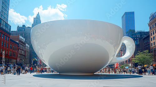 giant cup of espresso the size of the skyscraper in Times Square, the concept of coffee addiction, advertising of invigorating drinks