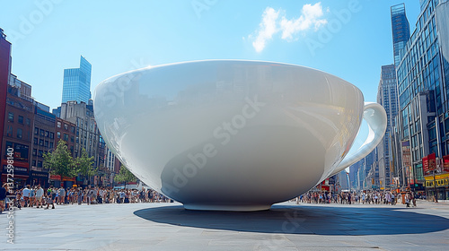 giant cup of espresso the size of the skyscraper in Times Square, the concept of coffee addiction, advertising of invigorating drinks