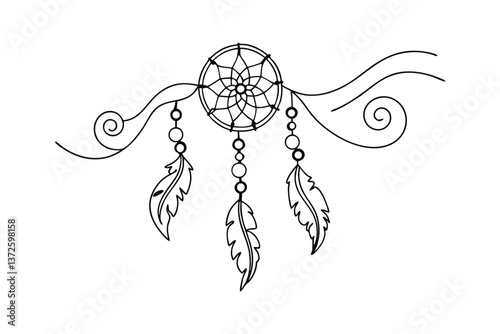 Native American Dreamcatcher Outline, Beads, Feathers, Spiritual Symbol
