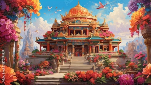 A large, ornate red flower basket filled with colorful artificial flowers,