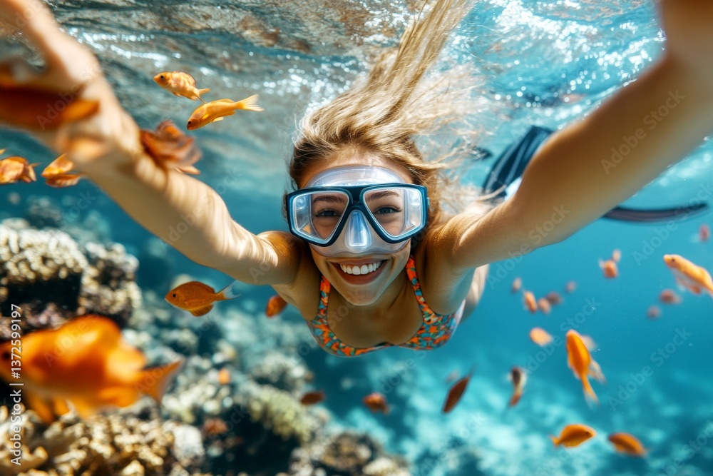 Fototapeta premium Many tropical fish swim next to her. A pretty and sexy happy mixed-race young woman with blond hair in a swimming mask and fins snorkeling among the corals. Bright commercial style image.