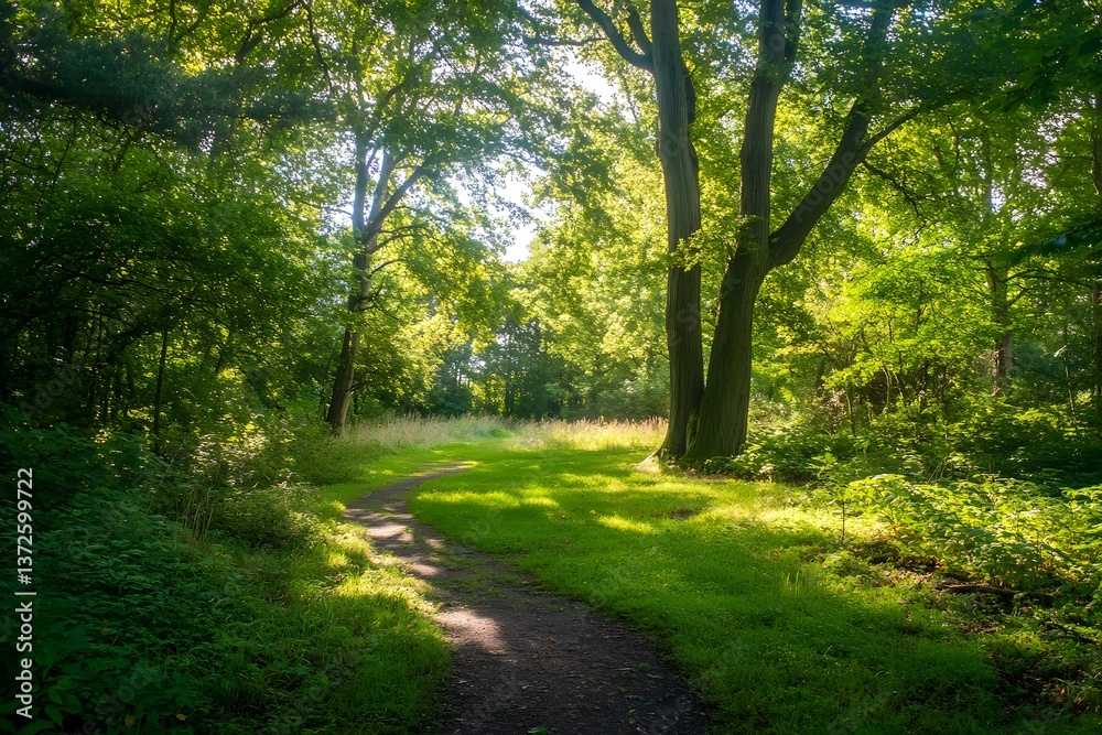 Fototapeta premium Winding path through a lush, sun-dappled forest clearing. Serene