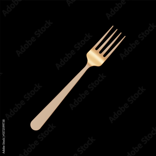 3d realistic gold metal fork isolated on black background. Vector illustration. Beautiful gold cutlery. Shiny golden fork.