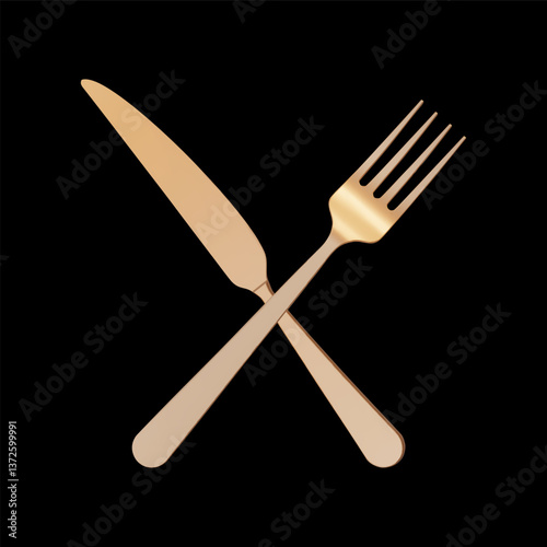 3d realistic crossed gold metal fork and metal table knife placed on a black background. Vector illustration. Beautiful gold cutlery