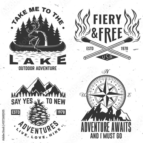 Set of outdoor adventure sticker. Vector. Vintage typography design with forest pine tree, matches box, matches stick, moose in canoe, lake and mountain silhouette