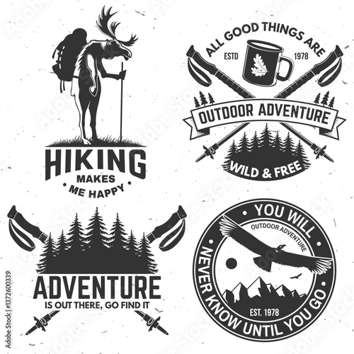 Set of outdoor adventure sticker. Vector. Vintage design with pin forest, hiking moose and backpack, coffee or tea mug, hiking poles, and mountain silhouette.