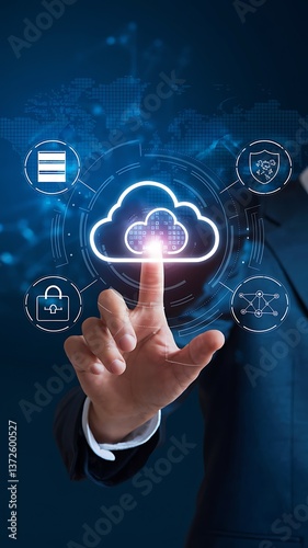 Businessman interacting with futuristic cloud computing technology featuring holographic data storage cybersecurity systems digital AI-driven network solutions, connectivity in a high-tech environment