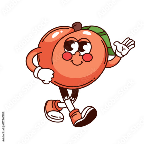 Groovy peach cartoon character greeting and walking. Funny retro cute apricot waving to say Goodbye or Hi, Welcome. Fruit mascot, cartoon happy peach sticker of 70s 80s style vector illustration