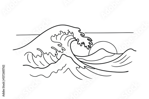 Monochromatic Line Art Ocean Wave Sunset Minimalist Design