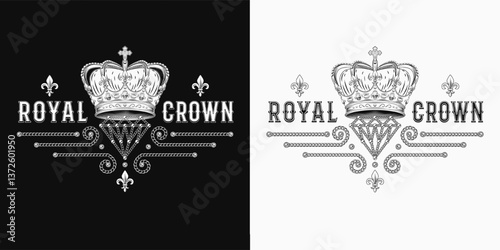 Horizontal black and white label with imperial crown, fleur de lis sign, jewelry chains, text. Detailed composition in vintage style.