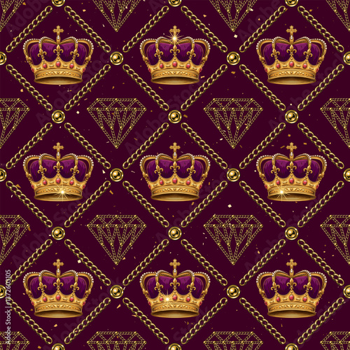 Diagonal cross line square grid pattern with big imperial golden crown, diamonds, jewelry chains. Seamless background. Vintage style.