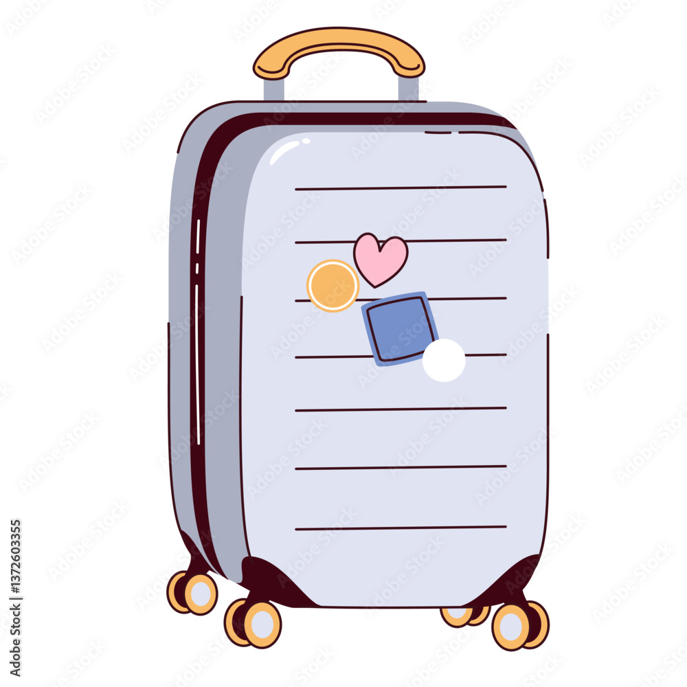 Gray suitcase with travel stickers. Rectangular case with handle and wheels, colorful airport and hotel, excursion stamps. Luggage mascot, suitcase cartoon vector illustration