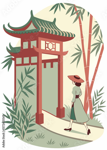 Creative 3D Photo Collage – Young Lady in Hat with Traditional Chinese Gate and Bamboo.