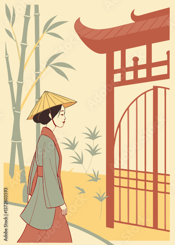 Creative 3D Photo Collage – Young Lady in Hat with Traditional Chinese Gate and Bamboo.