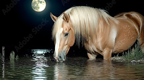 Majestic horse drinking water under full moon serene lake wildlife photography nighttime tranquility