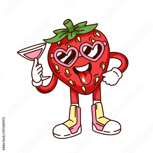 Groovy strawberry cartoon character with tongue sticking out holding cocktail glass. Funny retro strawberry on beach hippie party. Fruit mascot, cartoon sticker of 70s 80s style vector illustration