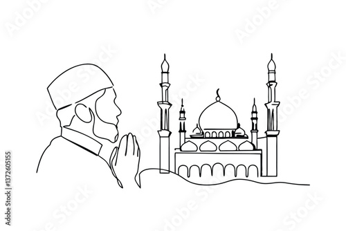 Muslim Man Praying Before Majestic Mosque OneLine Drawing Art