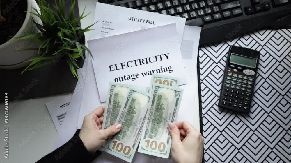 Hands counting cash with utility bills, money counting and household budgeting, power and heat payment document