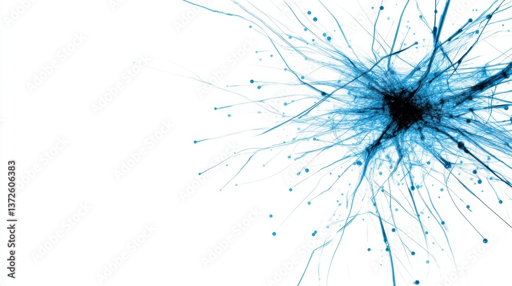 Fototapeta premium Abstract blue and white ink splatter on white background, radiating outwards from a central dark core. The texture is dynamic and energetic.