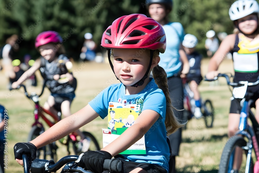 Naklejka premium Young cyclists ready for race in sunny field wearing helmets