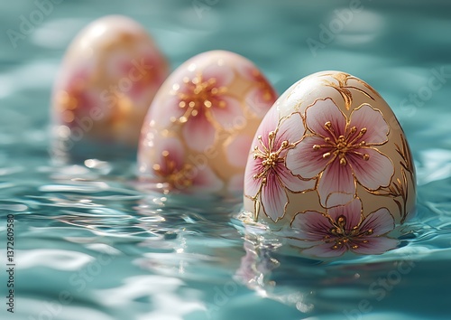 Beautifully Decorated Eggs Floating Gently in Calm Serene Water