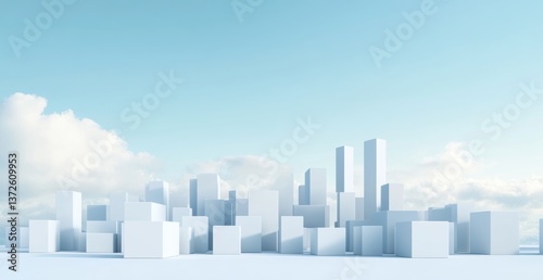 3D render of a minimalistic city skyline made from white cubes, against a clear blue sky, on an empty floor, in a perspective view